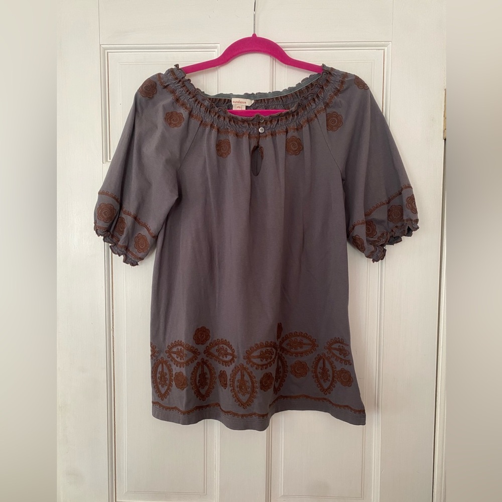 Sundance Gray Maroon Brown Cotton Embroidered Top Size Petite Small Bohemian